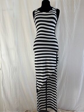 Rebel Sugar Black White Striped Maxi Dress Asymmetrical Parisian Chic Bodycon S